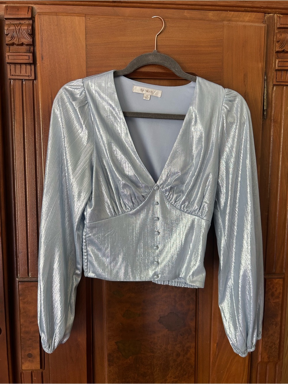 Anthropologie Metallic Light Blue Button-Front Blouse